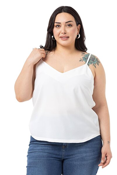 DISENTIS MODEST Plus Size Adjustable Thin Strap V-Neck White Blouse
