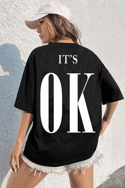 MODAGEN Unisex Μαύρη λαιμόκοψη It's Ok με στάμπα oversize μπλουζάκι