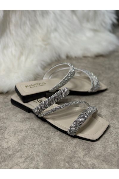 İmerShoes Daily Women's Beige Slippers Thick Banded Stone Detailed Low Heel Blunt Toe Comfortable Sole Light 07