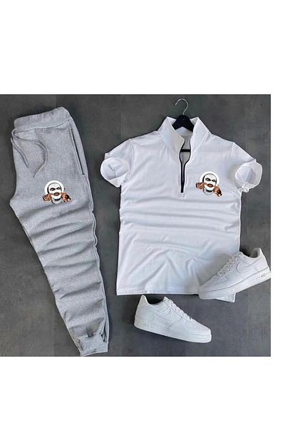 ANSECO STUDİO White Jersey Fabric Half Zipper T-shirt Gray Summer Sweatpants Dollar Printed