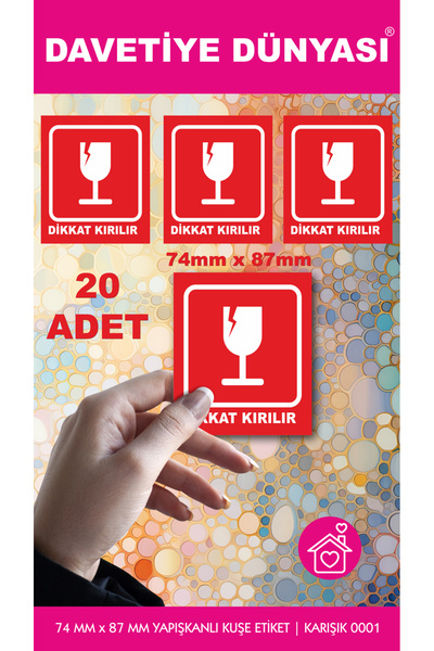 Yapışkanlı Kuşe Etiket | Kargo Etiketi | Dikkat Kırılır | 74 mm x 87 mm | 20 Adet Etiket
