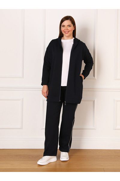 ALİA Plus Size Piping Λεπτομερής φούτερ & παντελόνι με κουκούλα Διπλό σετ - Navy Blue - Alia