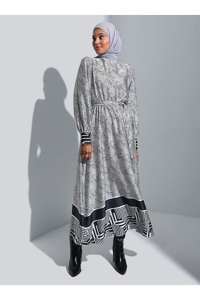 Refka Belted Balloon Sleeve Satin Hijab Dress - Black and White Patterned - Refka