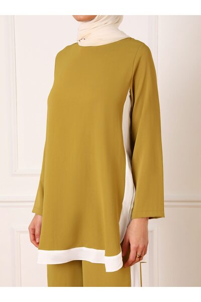 Refka Elegant Tunic & Trousers Double Set with Aerobin Stripe Detail - Oil Green - Refka