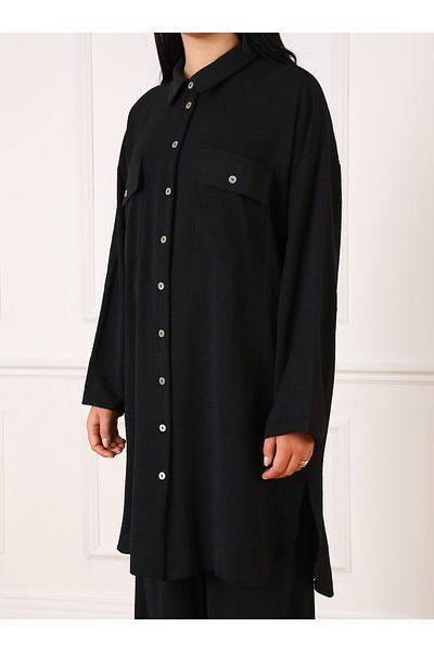 ALİA Large Size Pocket Detailed Buttoned Tunic & Trousers Double Aerobin Set - Black - Alia