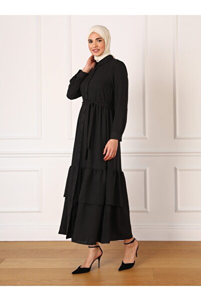Refka Aerobin Buttoned Skirt Flounced Hijab Dress - Black - Refka