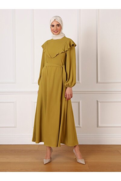 Refka Aerobin Ruffle Detailed Belted Hijab Dress - Oil Green - Refka