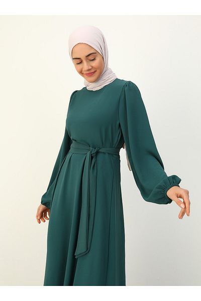 Benin Aerobin Balloon Sleeve Belted Mevlana Patterned Hijab Dress - Emerald - Benin