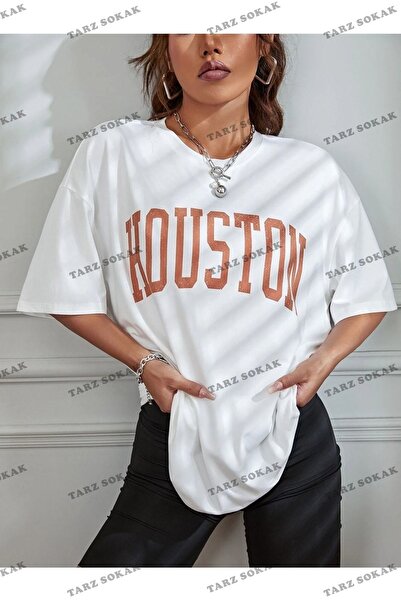 Tarzsokak Oversize cu imprimeu Houston alb pentru femei