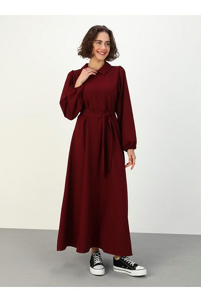 Benin Aerobin Shirt Collar Belted Hijab Dress - Claret Red - Benin