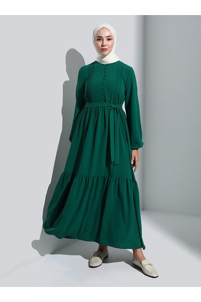Refka Brit Detailed Aerobin Hijab Dress - With Zumrut Yesili - Refka