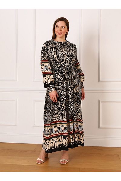 ALİA Shawl Patterned Plus Size Viscose Dress - Black Beige - Alia