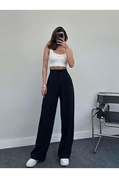 NATUFIAN STORE Women's Lycra Palazzo Oversize Cut Buttoned Trousers