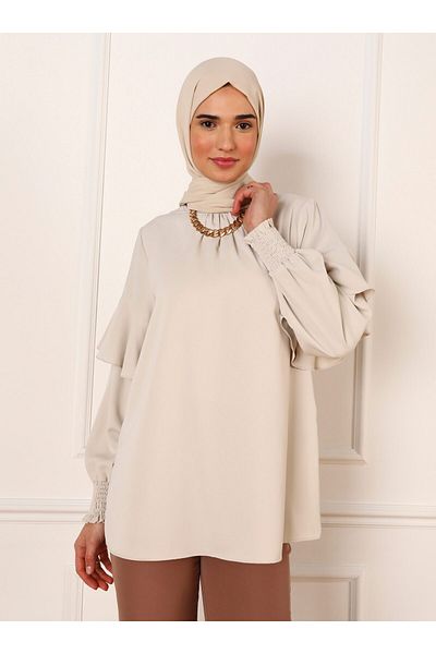 Refka Ruffle Detailed Silk Button Blouse - Light Mink - Refka