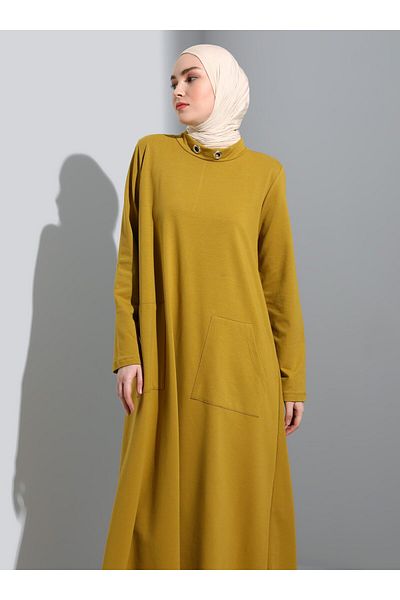 Benin Mevlana Shape Hijab Dress with Metal Accessory Detail - Oil Green - Benin
