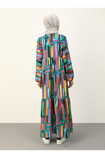 Benin Mixed Patterned Balloon Sleeve Hijab Dress - Green Yellow Patterned - Benin