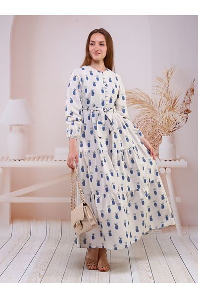 Bwest Patterned Linen Dress - Pineapple Saks Blue - Bwest