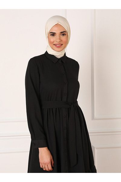 Refka Aerobin Buttoned Skirt Flounced Hijab Dress - Black - Refka