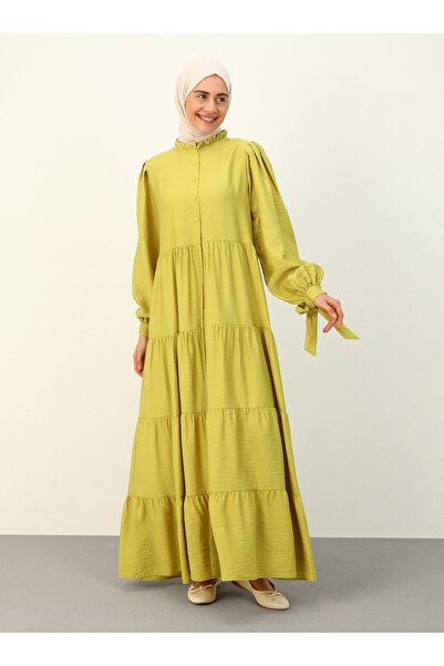 Benin Half Placket Tie Detailed Hijab Dress - Lemon Yellow - Benin