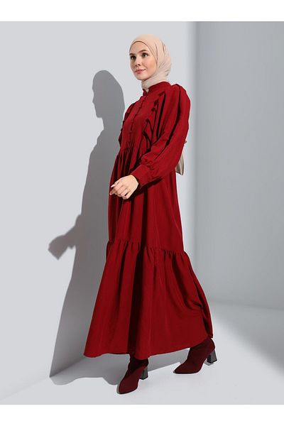 Refka Brit and Sleeve Detailed Aerobin Hijab Dress - Claret Red - Refka