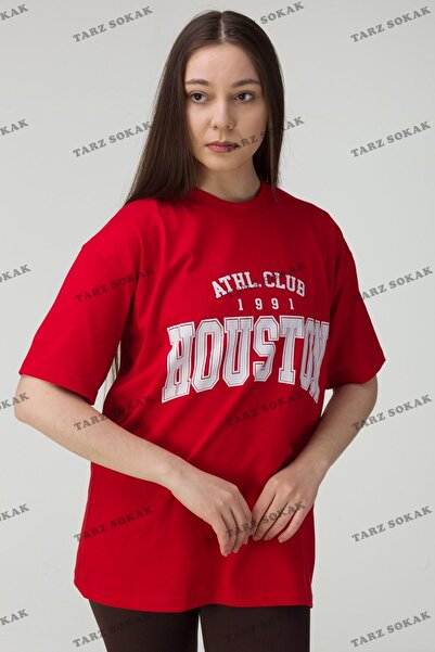 Tarzsokak Red Houston Logo Printed Oversize Women