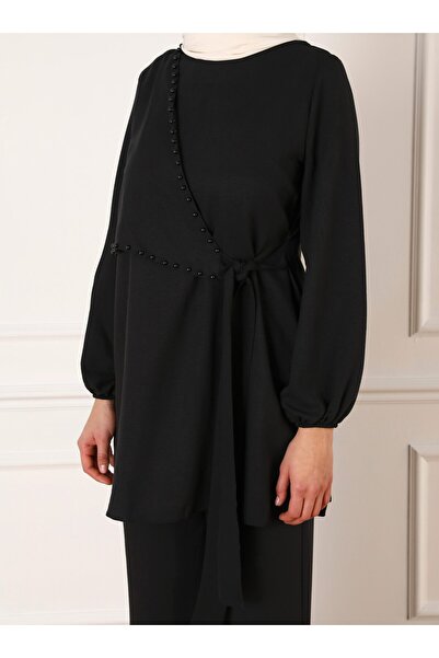 Refka Pearl and Tie Detailed Tunic & Trousers Double Aerobin Set - Black - Refka