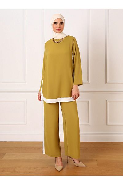 Refka Elegant Tunic & Trousers Double Set with Aerobin Stripe Detail - Oil Green - Refka