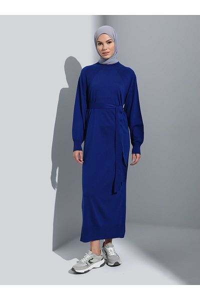 Refka Gürtel Detaillierte Reglan Ärmel Strick Hijab Kleid - Dark Saks - Refka
