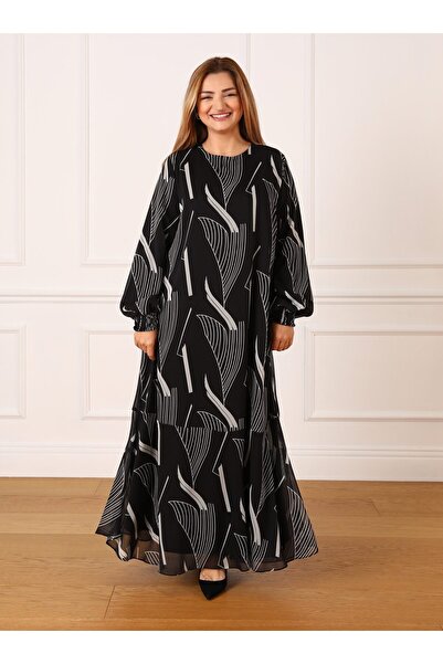 ALİA Plus Size Patterned Chiffon Hijab Dress - Black - Alia