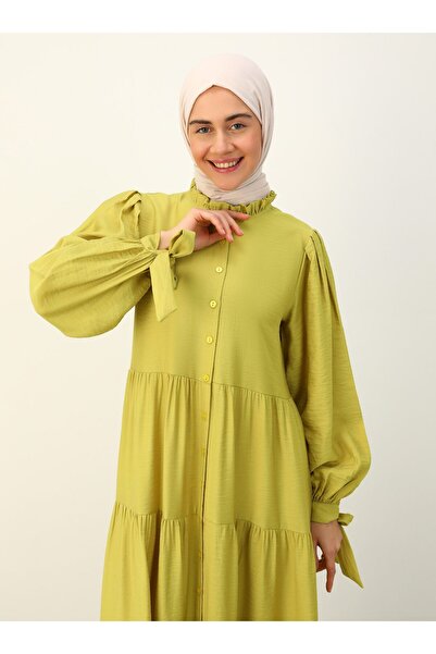 Benin Half Placket Tie Detailed Hijab Dress - Lemon Yellow - Benin