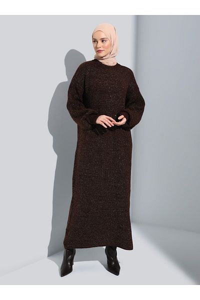 Refka Glitter Stylish Knitwear Hijab Dress - Brown Copper Glitter - Refka