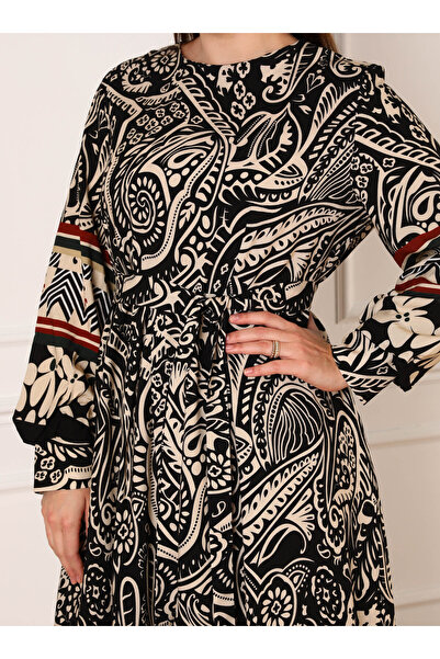ALİA Shawl Patterned Plus Size Viscose Dress - Black Beige - Alia