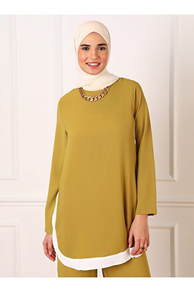 Refka Elegant Tunic & Trousers Double Set with Aerobin Stripe Detail - Oil Green - Refka