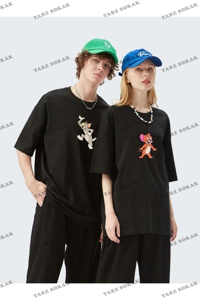 Tarzsokak Negru Unisex Dublu Tom și Jerry Imprimat Cuplu Îndrăgostit Crew Dec...