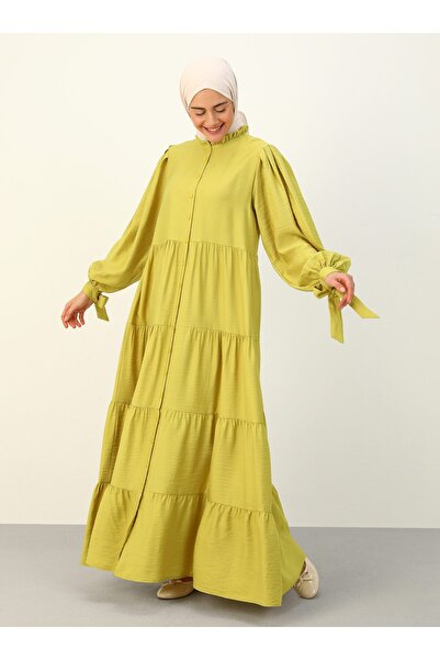 Benin Half Placket Tie Detailed Hijab Dress - Lemon Yellow - Benin
