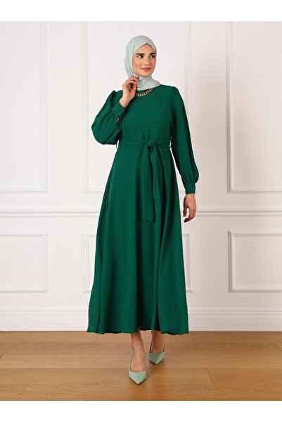 Refka Mevlana Hijab Dress with Aerobin Belt - Yesili Zoomut - Refka