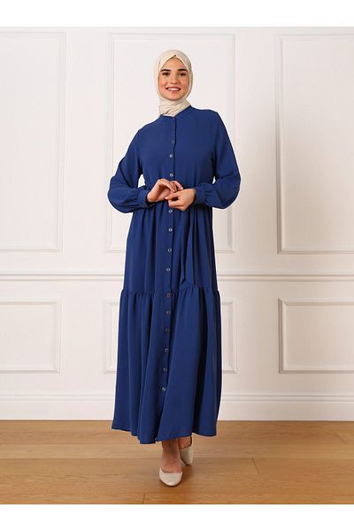 Refka Neck Buttoned Waist Belted Aerobin Hijab Dress - Dark Indigo - Refka