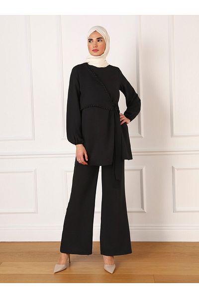 Refka Pearl and Tie Detailed Tunic & Trousers Double Aerobin Set - Black - Refka