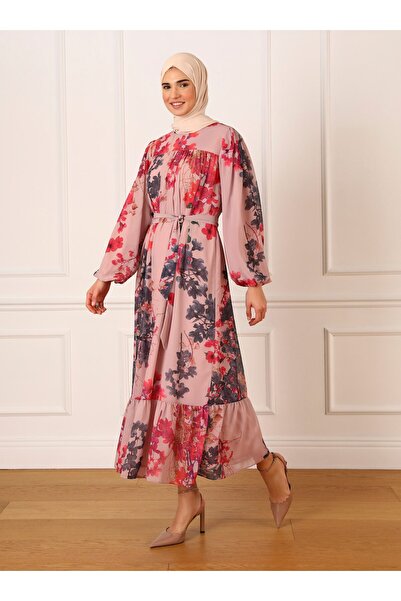 Refka Fully Lined Balloon Sleeve Chiffon Hijab Dress - Rose - Refka