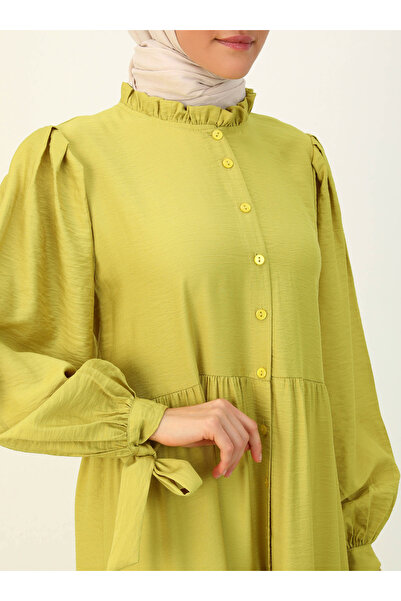 Benin Half Placket Tie Detailed Hijab Dress - Lemon Yellow - Benin