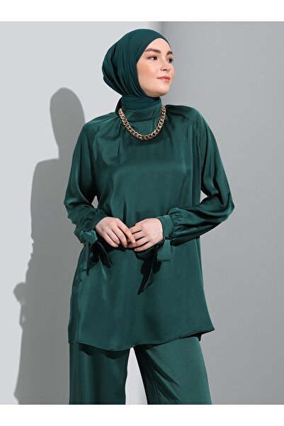 Refka Satin Tie Detailed Tunic & Trousers Double Set - Emerald Green - Refka