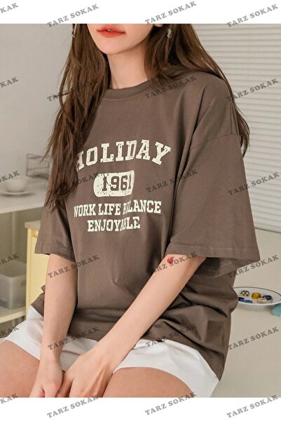 Tarzsokak Γυναικείο καφέ φόρεμα για διακοπές 1961 με στάμπα, oversized