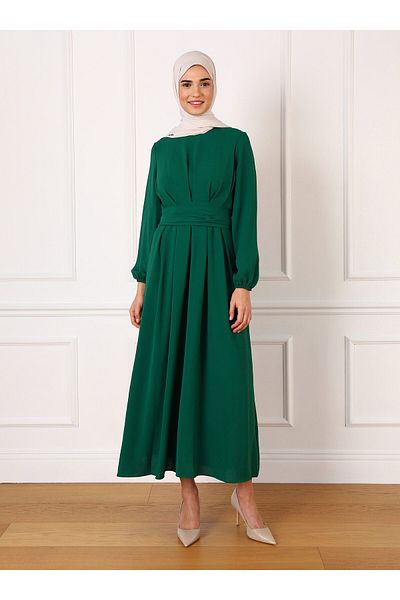 Refka Aerobin Basic Belted Hijab Dress - With Zumrut Yesili - Refka