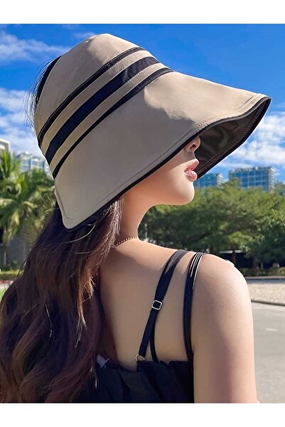 Trenderrs Kadın Geniş Siperli UV Korumalı Çizgili Ayarlanabilir Şapka