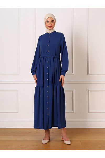 Refka Neck Buttoned Waist Belted Aerobin Hijab Dress - Dark Indigo - Refka