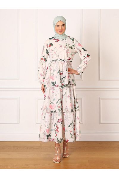 Refka Chiffon Layered Floral Patterned Hijab Dress - Off White - Refka