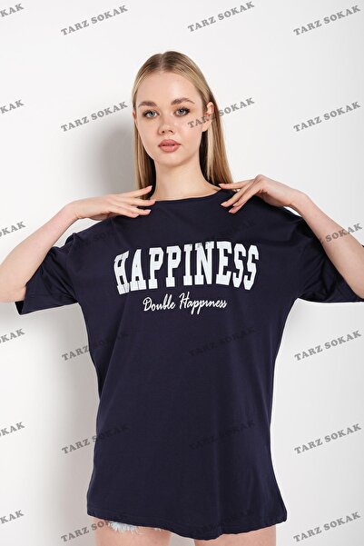 Tarzsokak Γυναικείο γκρι μπλουζάκι με στάμπα Happiness Oversize