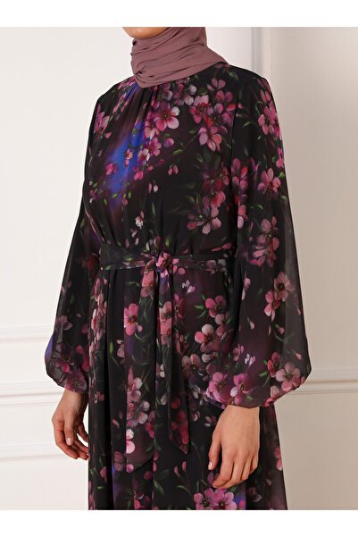 Refka Floral Patterned Balloon Sleeve Chiffon Hijab Dress - Black Flower Pattern - Refka
