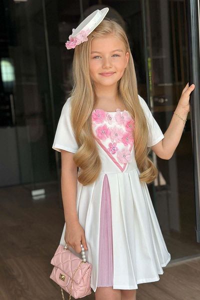 Riccotarz Girl's Chest Flower Embroidered and Stripe Detailed Pleated White Dress