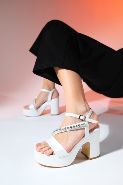 LuviShoes MİLTON Mother of Pearl Skin Stone Women's Platform Heeled Evening Dress Shoes